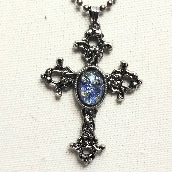 Vtg  Blue Foil Harlequin Glass Silver Tone Cross Pendant Necklace - Picture 1 of 4